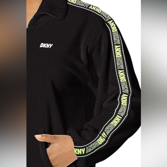DKNY Black logo tape fleece pullover Sweatshirt with Neon Accents , - Picture 3 of 10